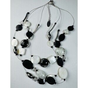 Jules B 18” Black White Glass Bead Necklace Multi Strand Statement Jewelry